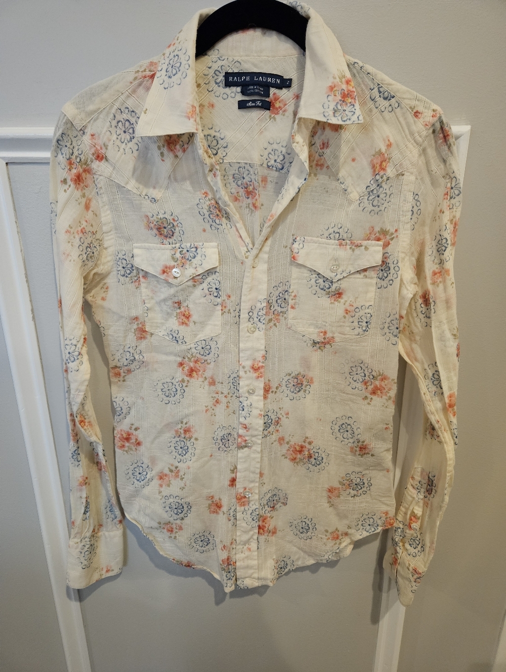 Ralph Lauren Cream Floral Western Button-Down Shirt Size 2 Slim Fit